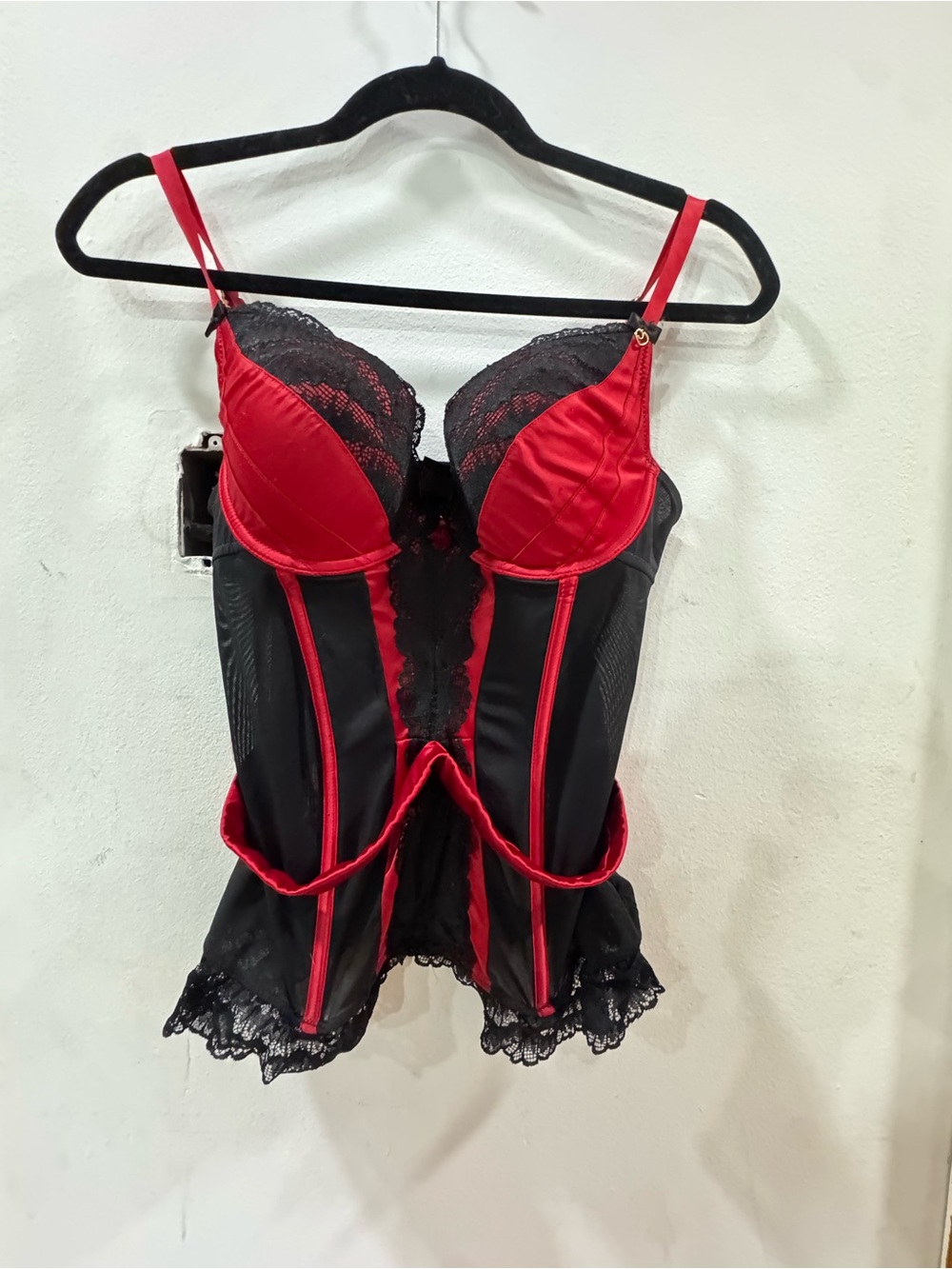 Lovehoney Red Black Lace Mesh Basque Corset Bustier Top Large Goth